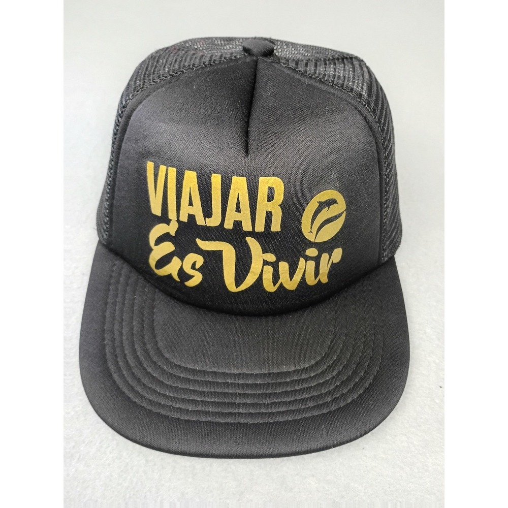 Viajar Es Vivir Black Trucker Hat Gold Graphic Mesh Snapback Travel Cap M7711